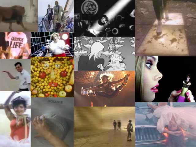 80s music video collage — click a region to play the full video